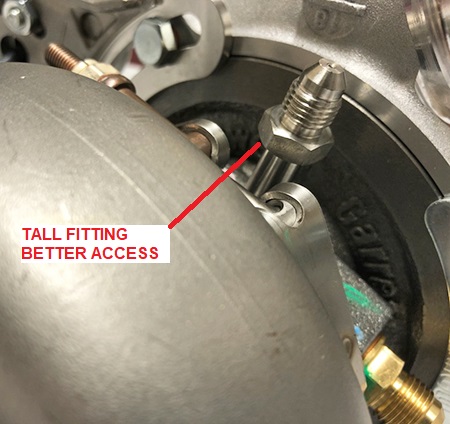 TALL RESTRICTOR GT30-GTX35 G25 G30 G35 -4 size Oil inlet fitting w/ built-in .035" - Image 4